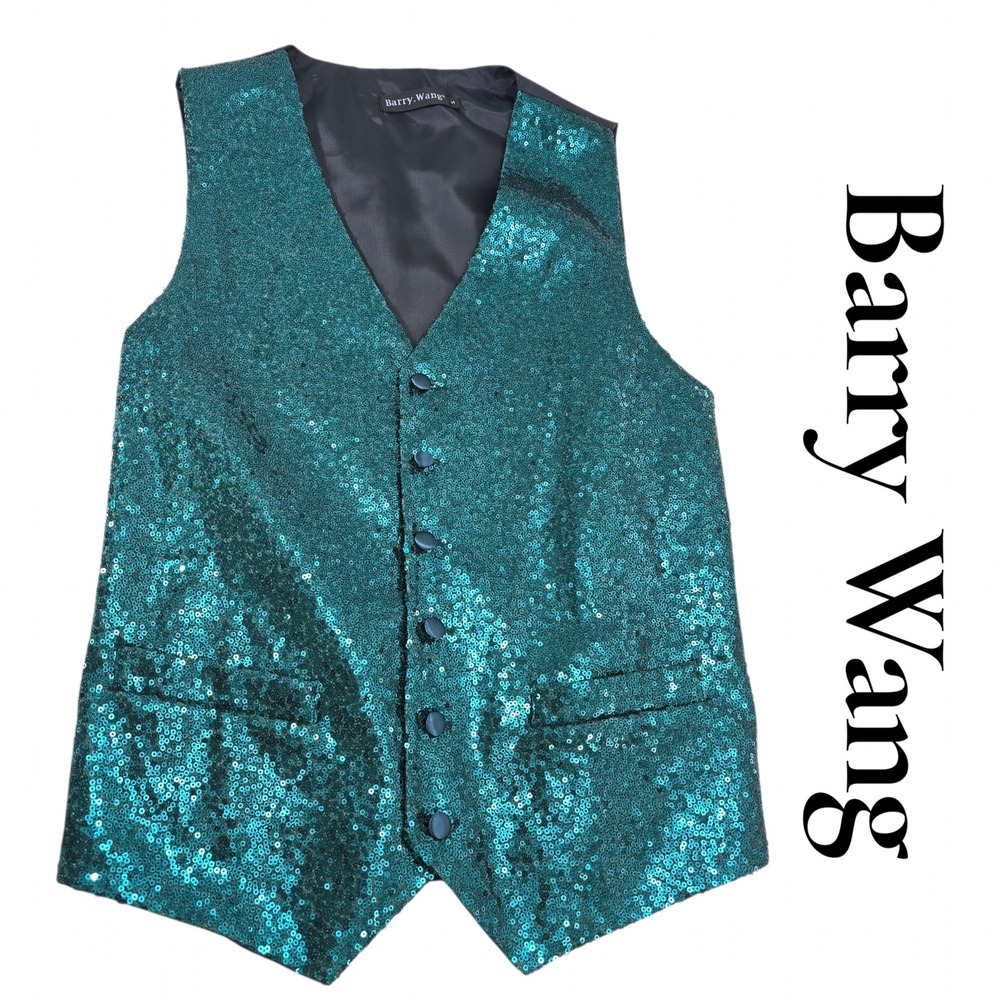 Barry Wang Vest Mens S Teal Green Silk Sequin Formal Festive Stage Waistcoat